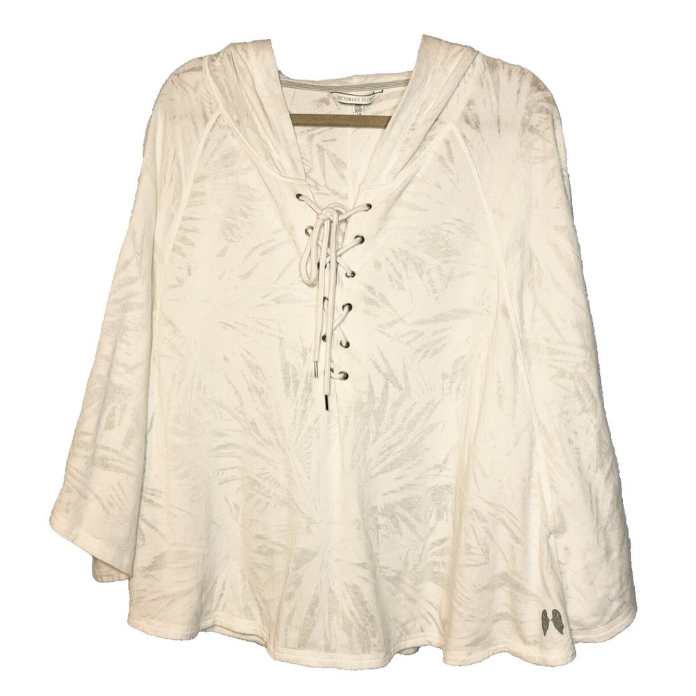 Victoria Secret White Burnout‎ Palms Lace Up Front Hoodie Poncho Large Coverup